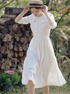 Simple Retro Vintage - Inspired Classic White Dress with Sailor Collar - Size S
